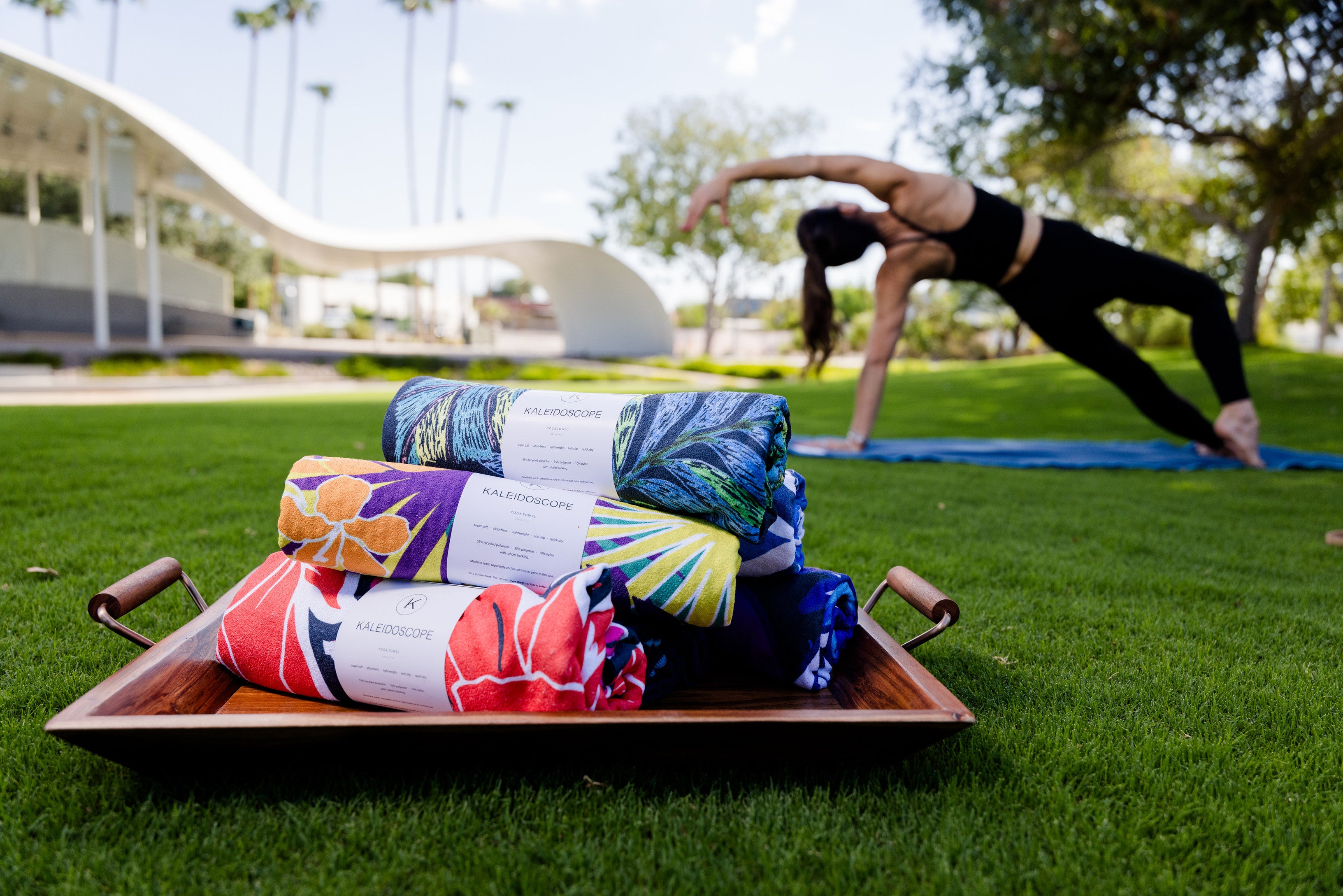 Woman practicing Yoga with Kaleidoscope Yoga Towel in Vibrant Colors and High Quality Grip