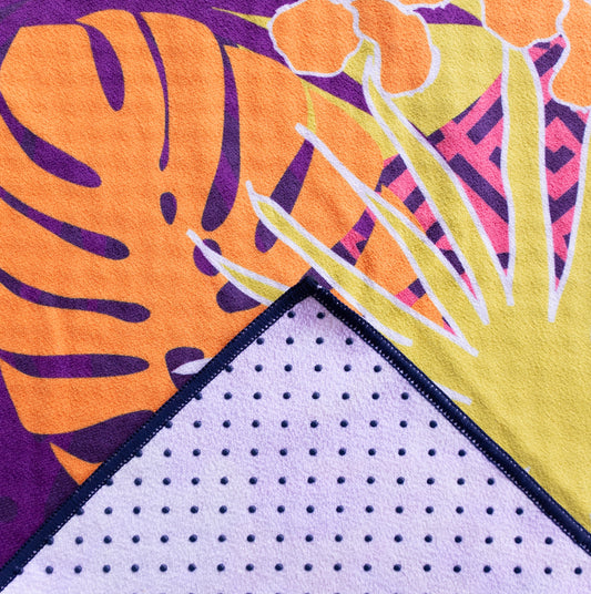 Kaleidoscope yoga towels in vibrant prints for men and women, perfect for hot yoga sessions