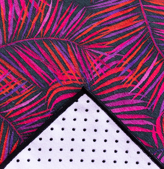 Colorful kaleidoscope yoga towels for hot yoga, featuring unique prints for both women and men